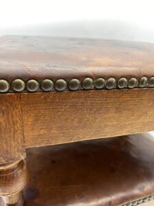 Antique pair of small oak leather topped and studded footstools 