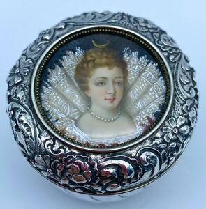 Antique English silver lidded gilded box with miniature painting on top