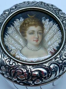Antique English silver lidded gilded box with miniature painting on top