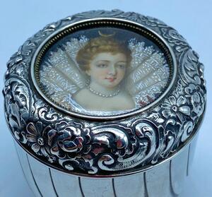 Antique English silver lidded gilded box with miniature painting on top
