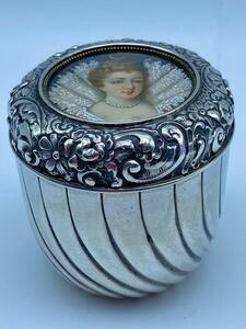 Antique English silver lidded gilded box with miniature painting on top
