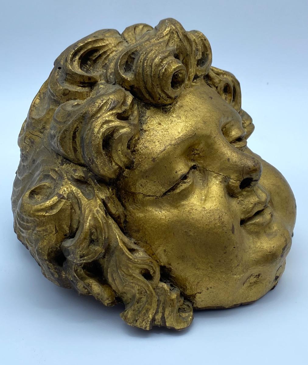 Antique French 17th 18th century carved giltwood Baroque angel head 