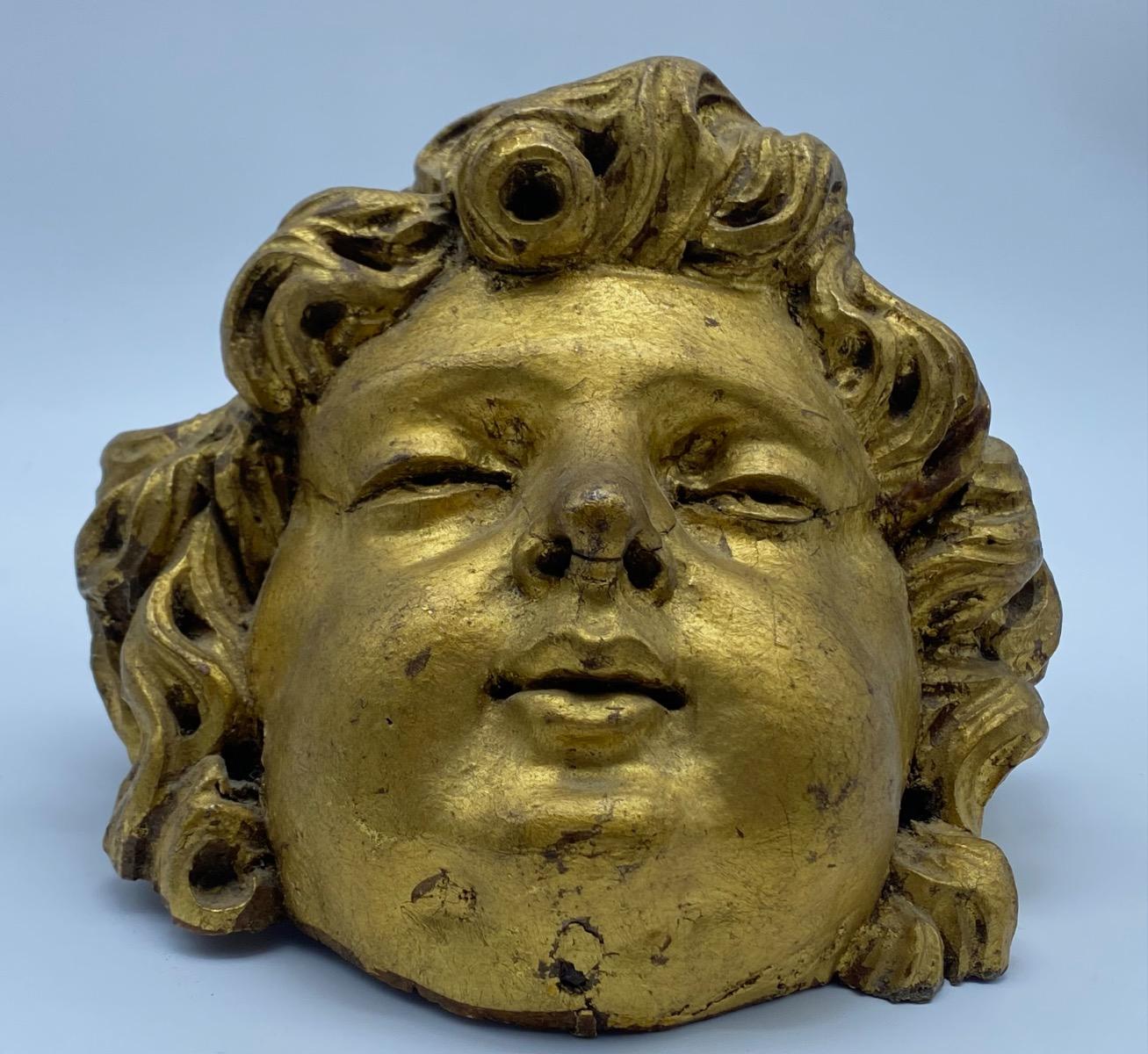 Antique French 17th 18th century carved giltwood Baroque angel head 
