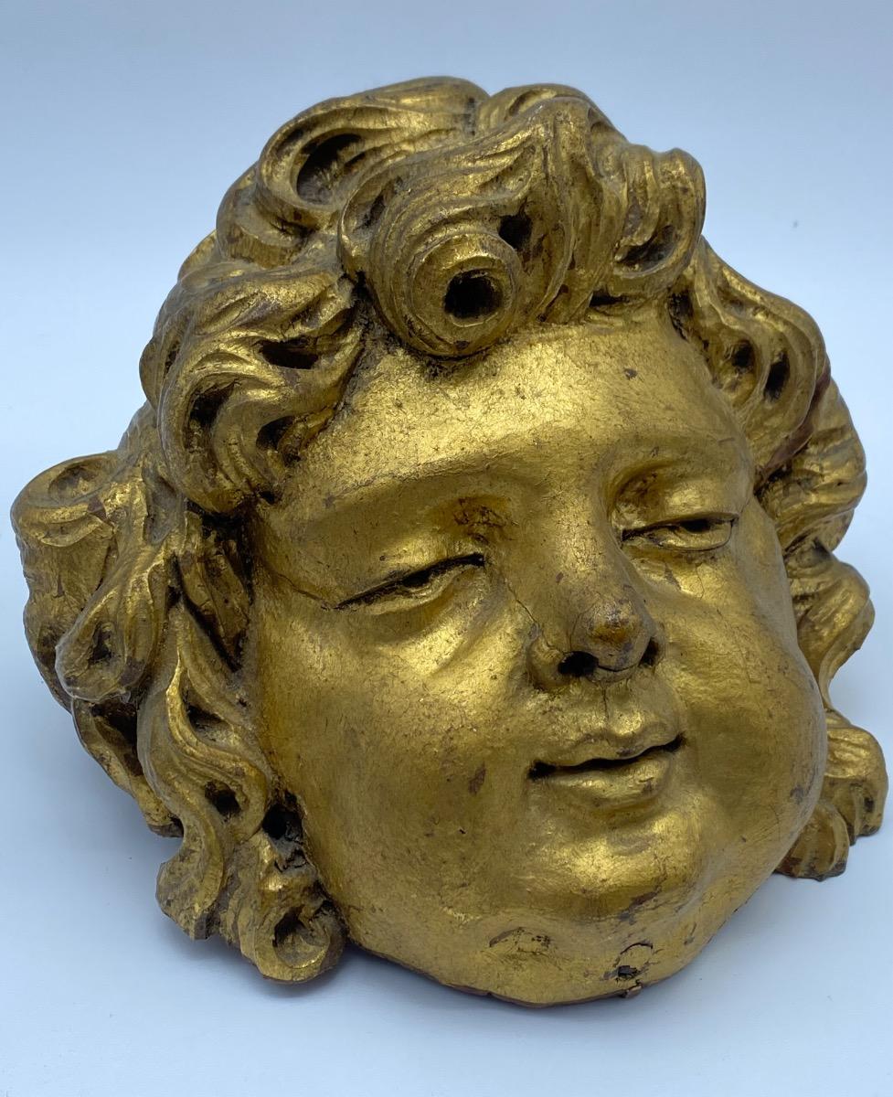 Antique French 17th 18th century carved giltwood Baroque angel head 