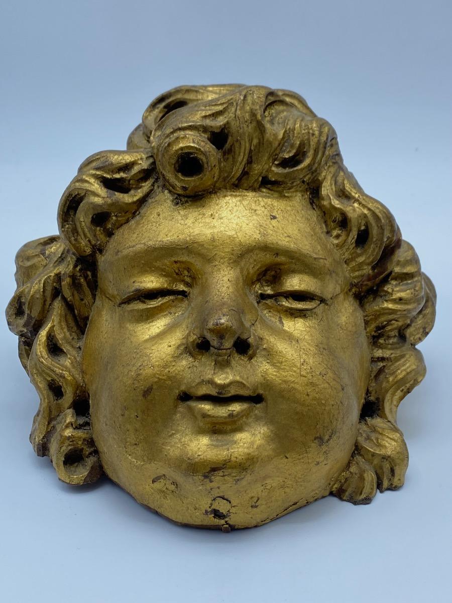 Antique French 17th 18th century carved giltwood Baroque angel head 