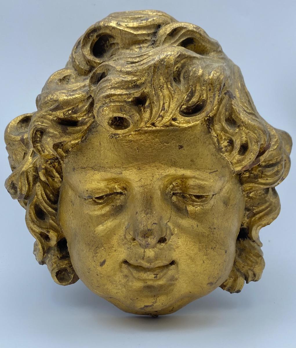 Antique French 17th 18th century carved giltwood Baroque angel head 