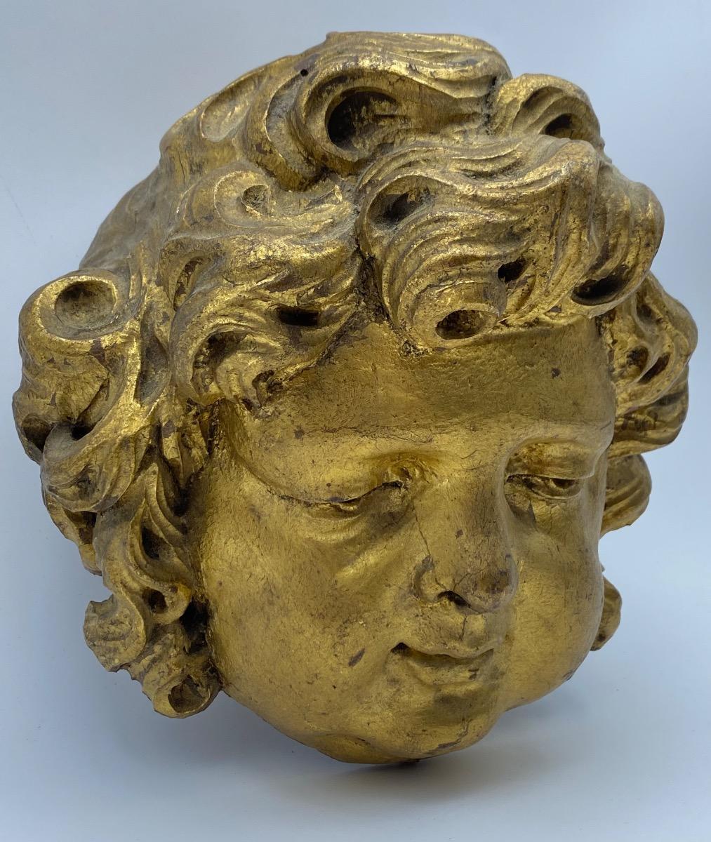 Antique French 17th 18th century carved giltwood Baroque angel head 