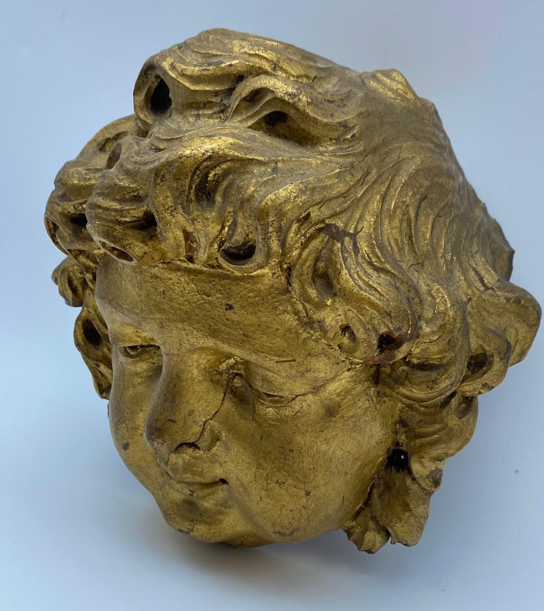 Antique French 17th 18th century carved giltwood Baroque angel head 