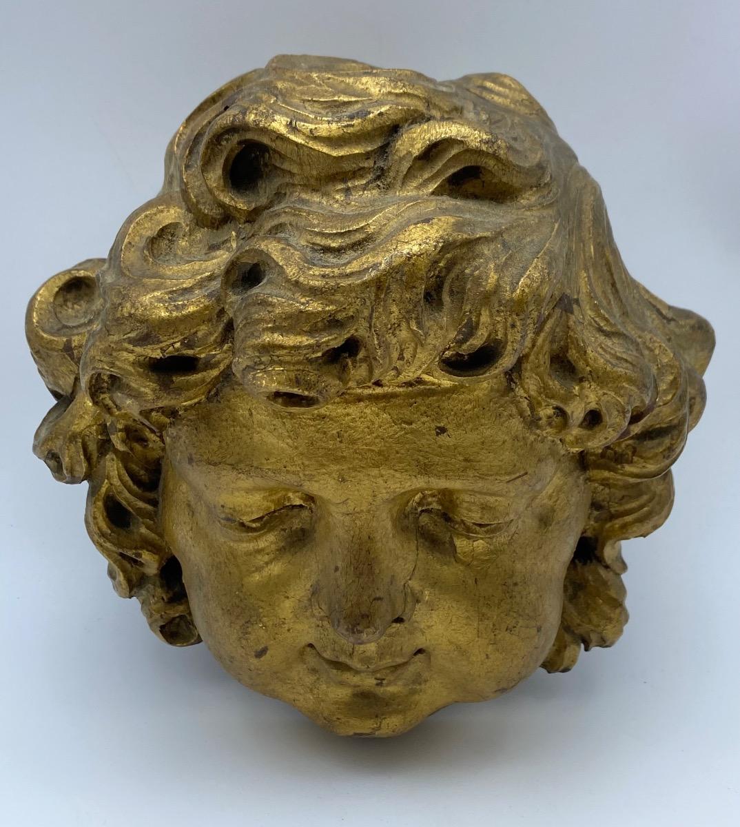 Antique French 17th 18th century carved giltwood Baroque angel head 