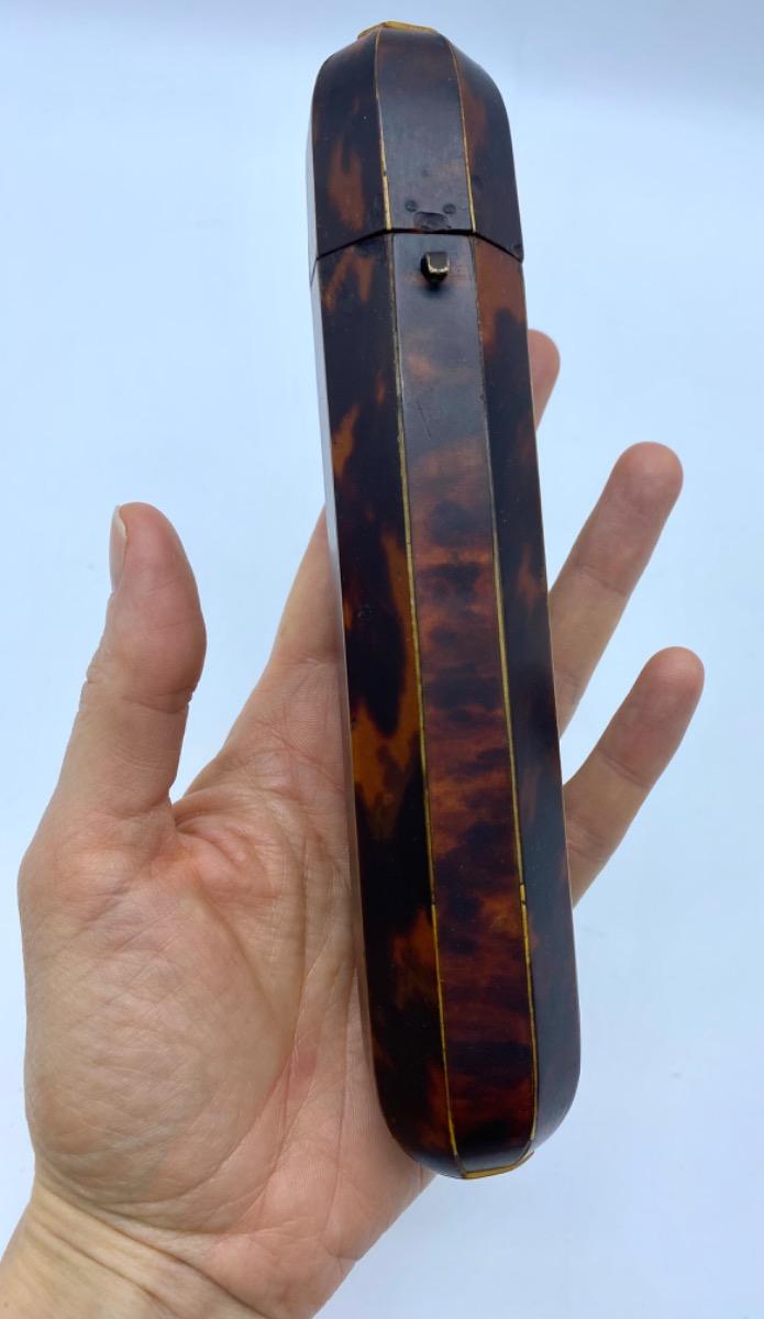 Antique French large 20 cm octagonal wood and tortoiseshell case Empire Restoration 