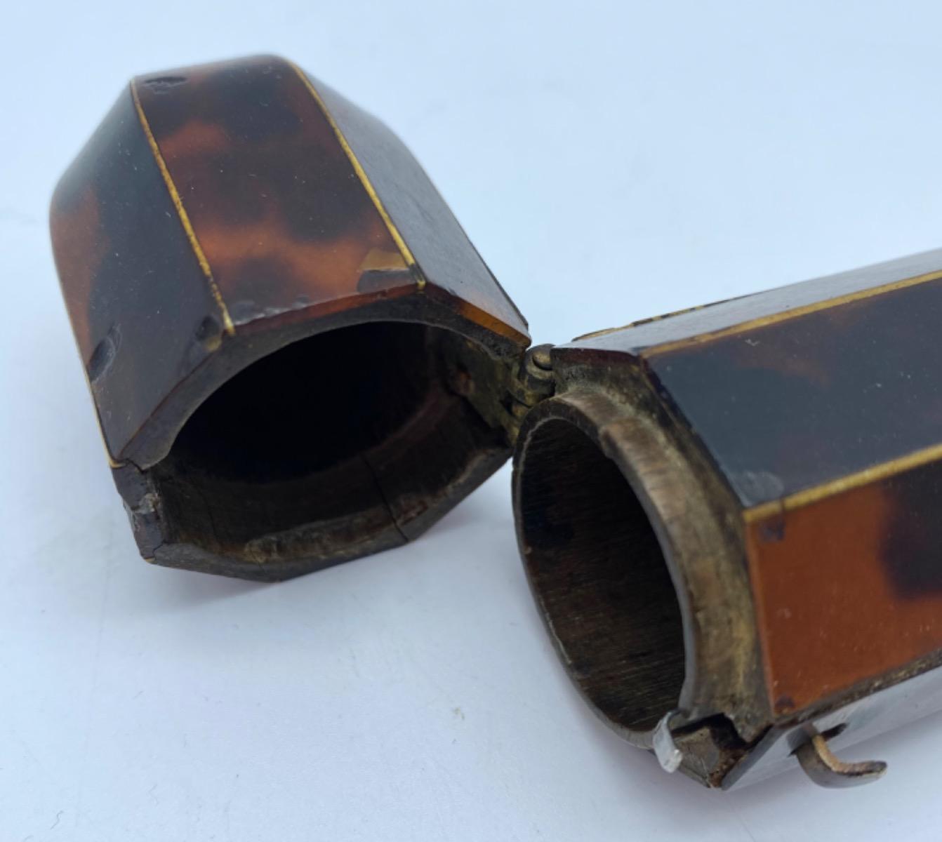 Antique French large 20 cm octagonal wood and tortoiseshell case Empire Restoration 