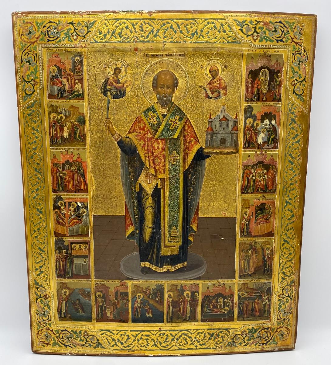 Antique important 53,5 x 44 cm Russian Orthodox icon of St. Nicholas of Mozhaysk 
