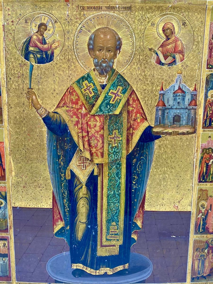 Antique important 53,5 x 44 cm Russian Orthodox icon of St. Nicholas of Mozhaysk 