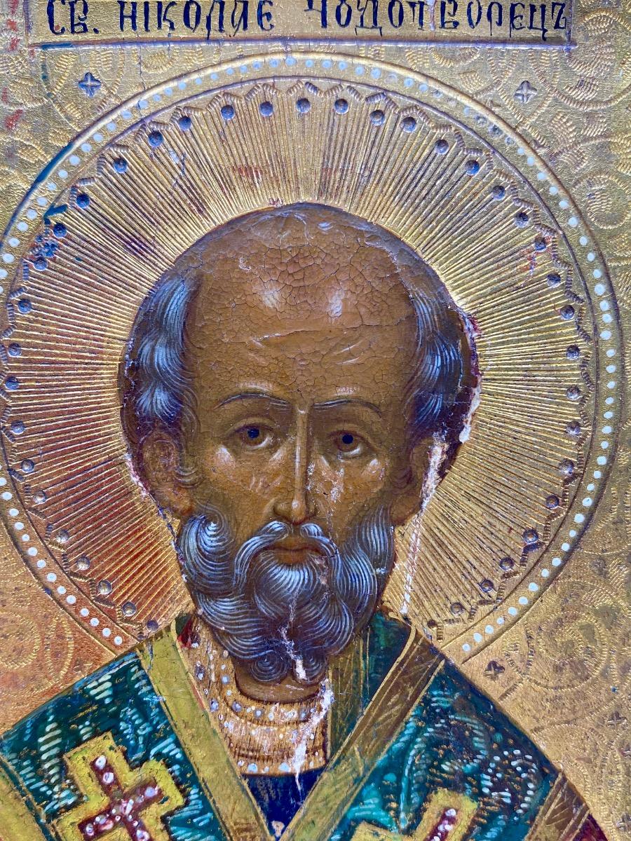 Antique important 53,5 x 44 cm Russian Orthodox icon of St. Nicholas of Mozhaysk 