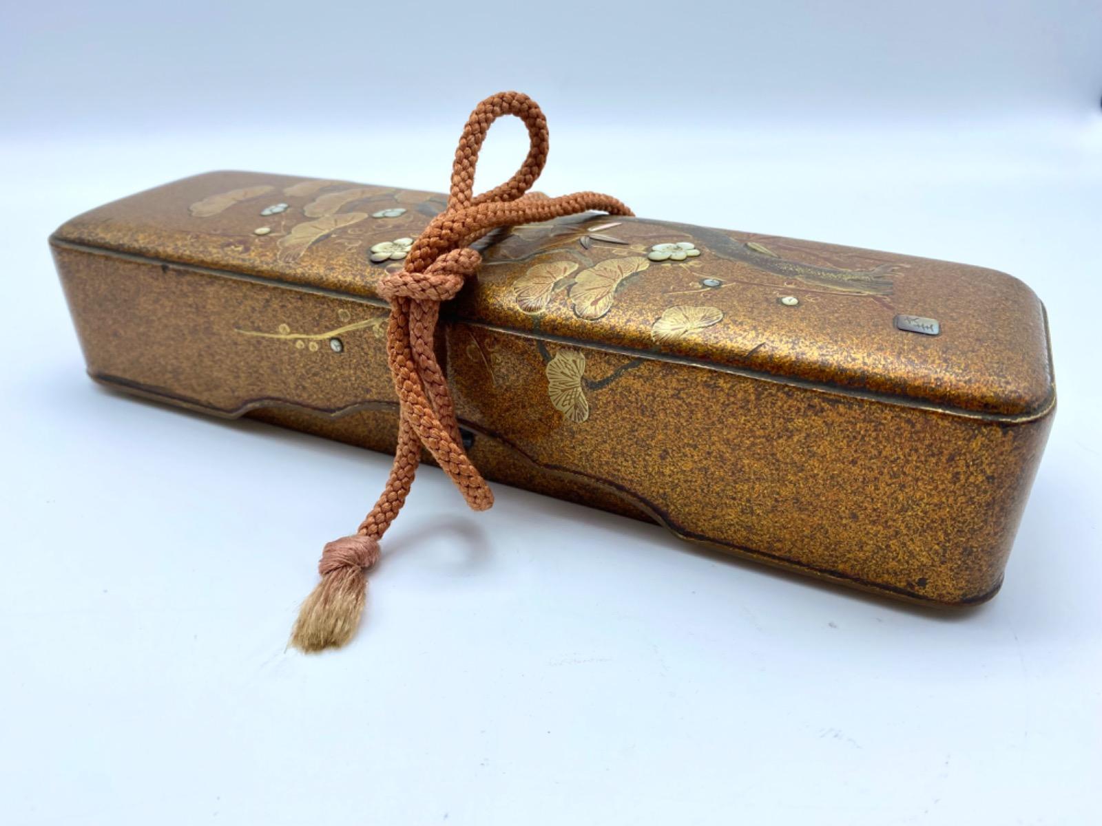 Antique Meiji period Japanese lacquered Maki-e inlaid Fubako 
