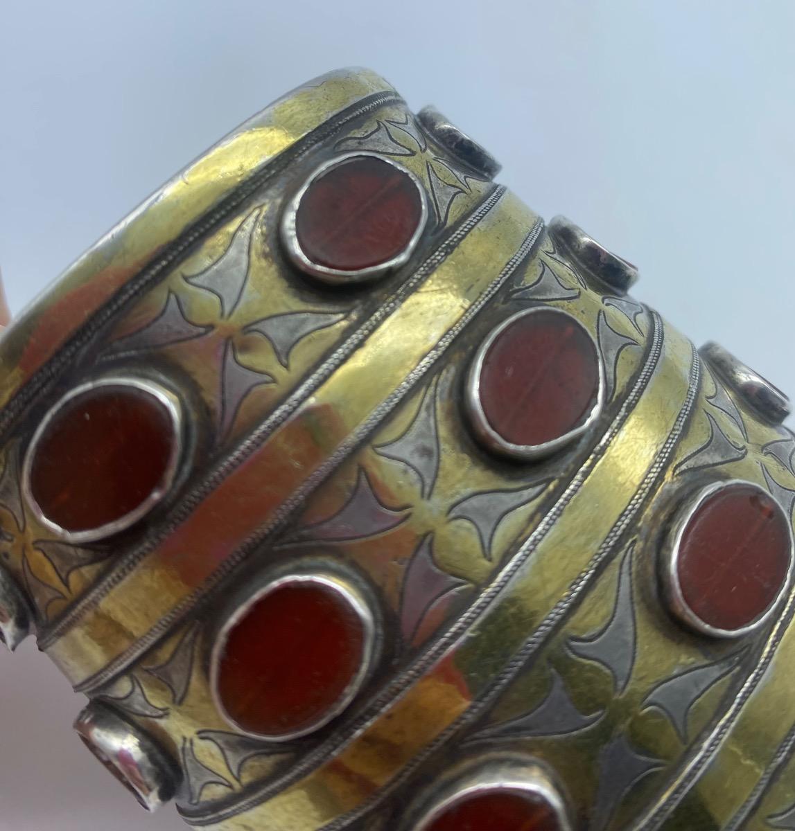 Antique rare Turkmen Tekke ethnic silver and carnelian bracelet