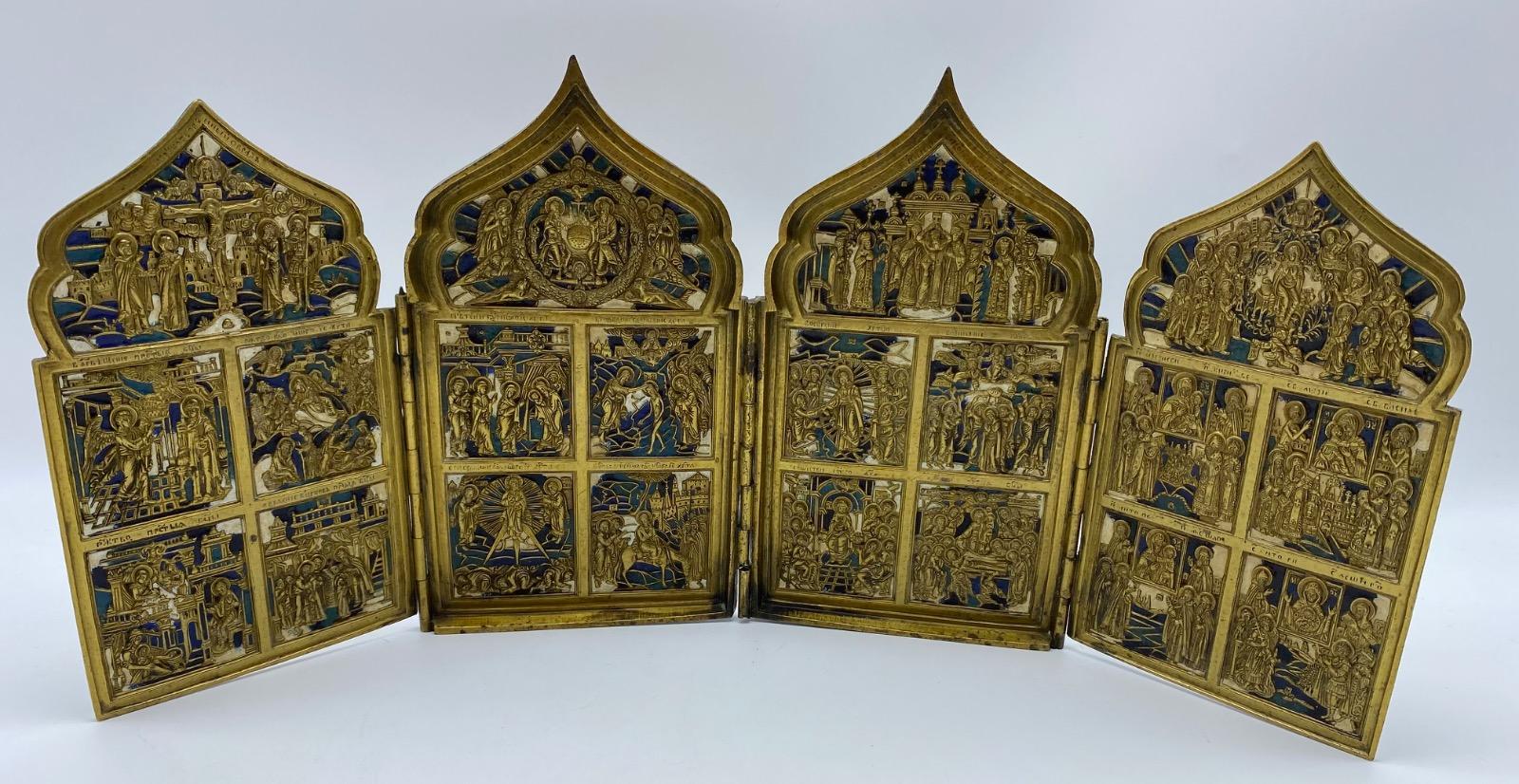 Antique Russian Tetraptych travel icon bronze enameled 