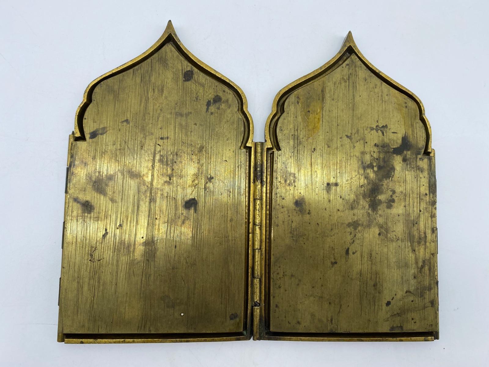 Antique Russian Tetraptych travel icon bronze enameled 