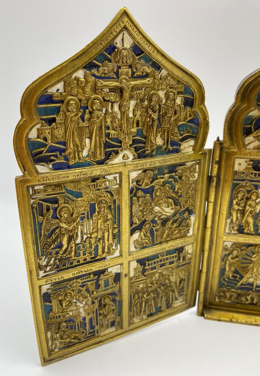 Antique Russian Tetraptych travel icon bronze enameled 