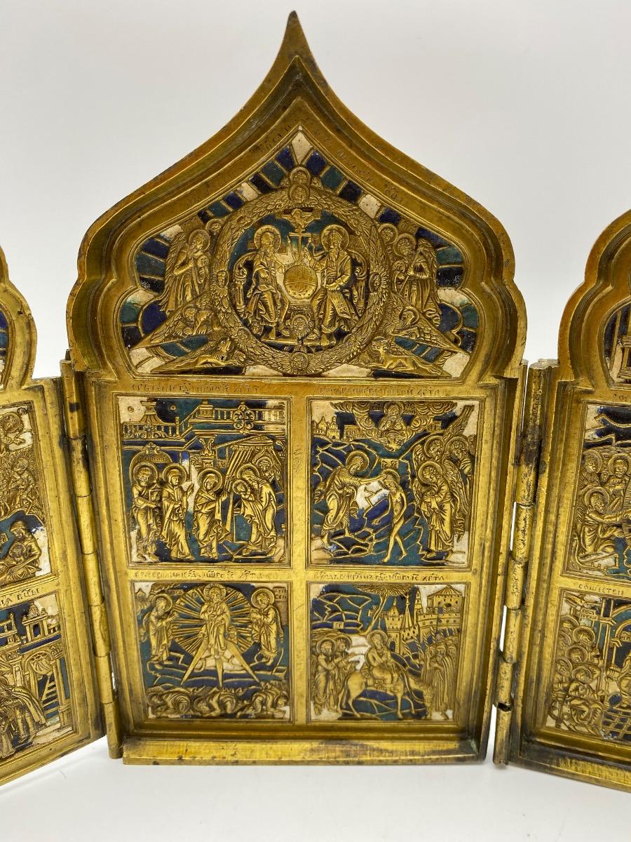 Antique Russian Tetraptych travel icon bronze enameled 