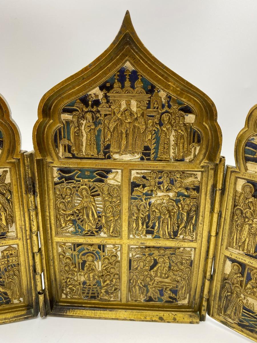 Antique Russian Tetraptych travel icon bronze enameled 