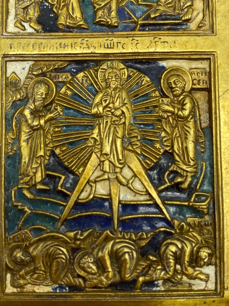 Antique Russian Tetraptych travel icon bronze enameled 