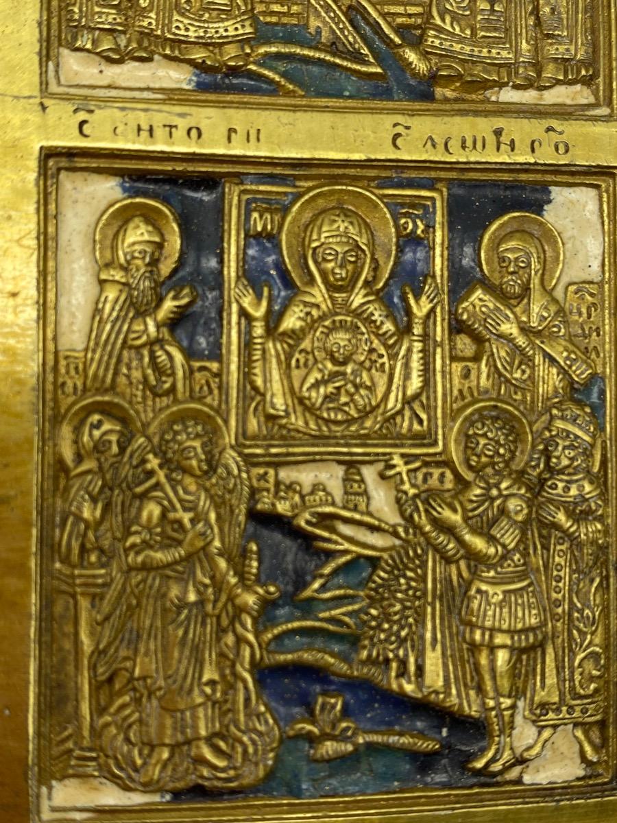 Antique Russian Tetraptych travel icon bronze enameled 