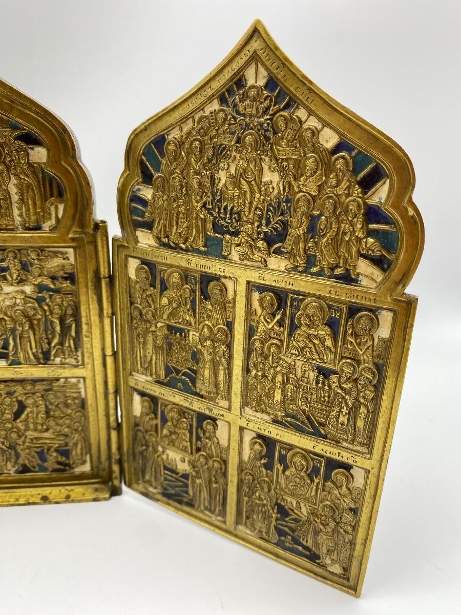 Antique Russian Tetraptych travel icon bronze enameled 