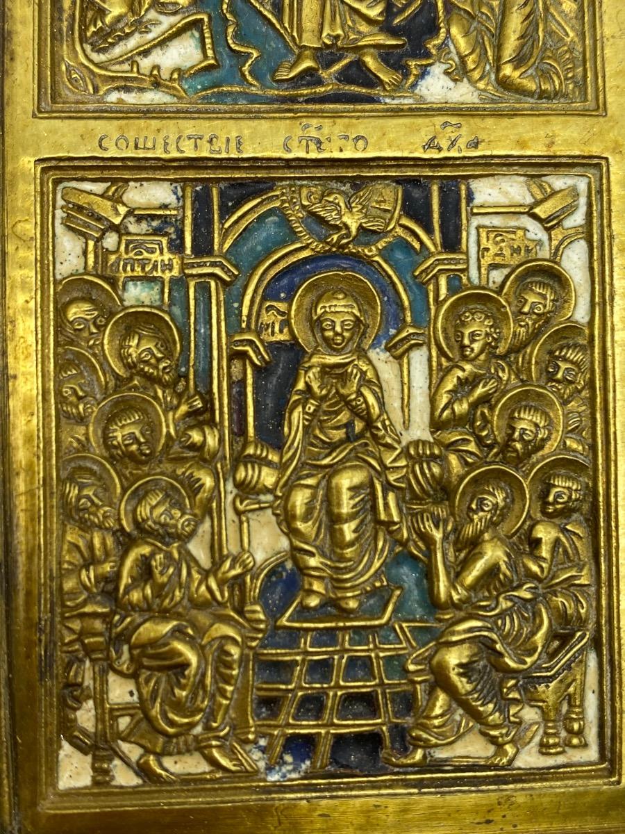 Antique Russian Tetraptych travel icon bronze enameled 