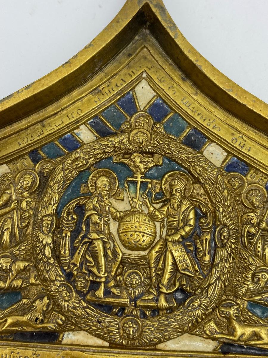Antique Russian Tetraptych travel icon bronze enameled 