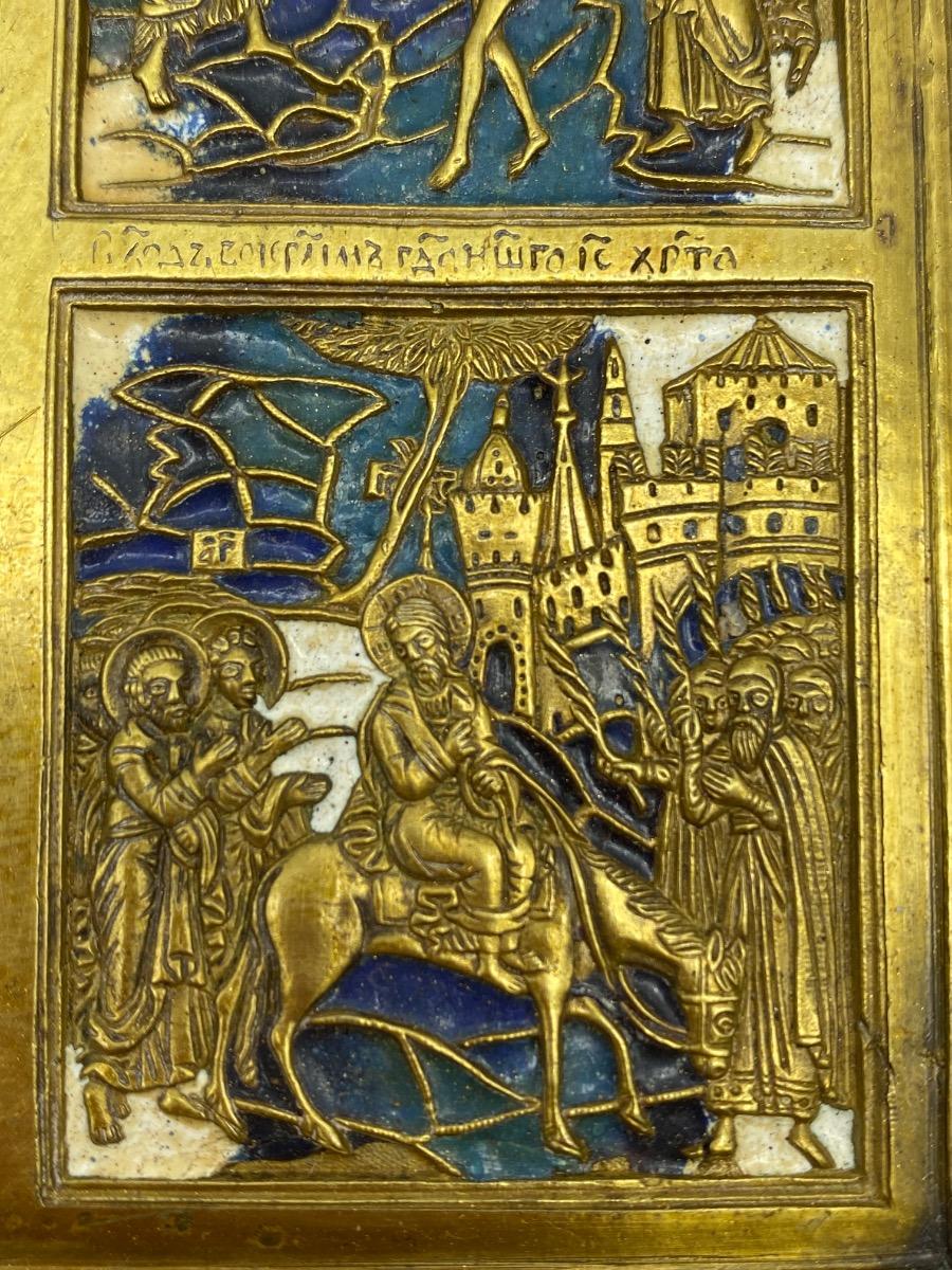 Antique Russian Tetraptych travel icon bronze enameled 
