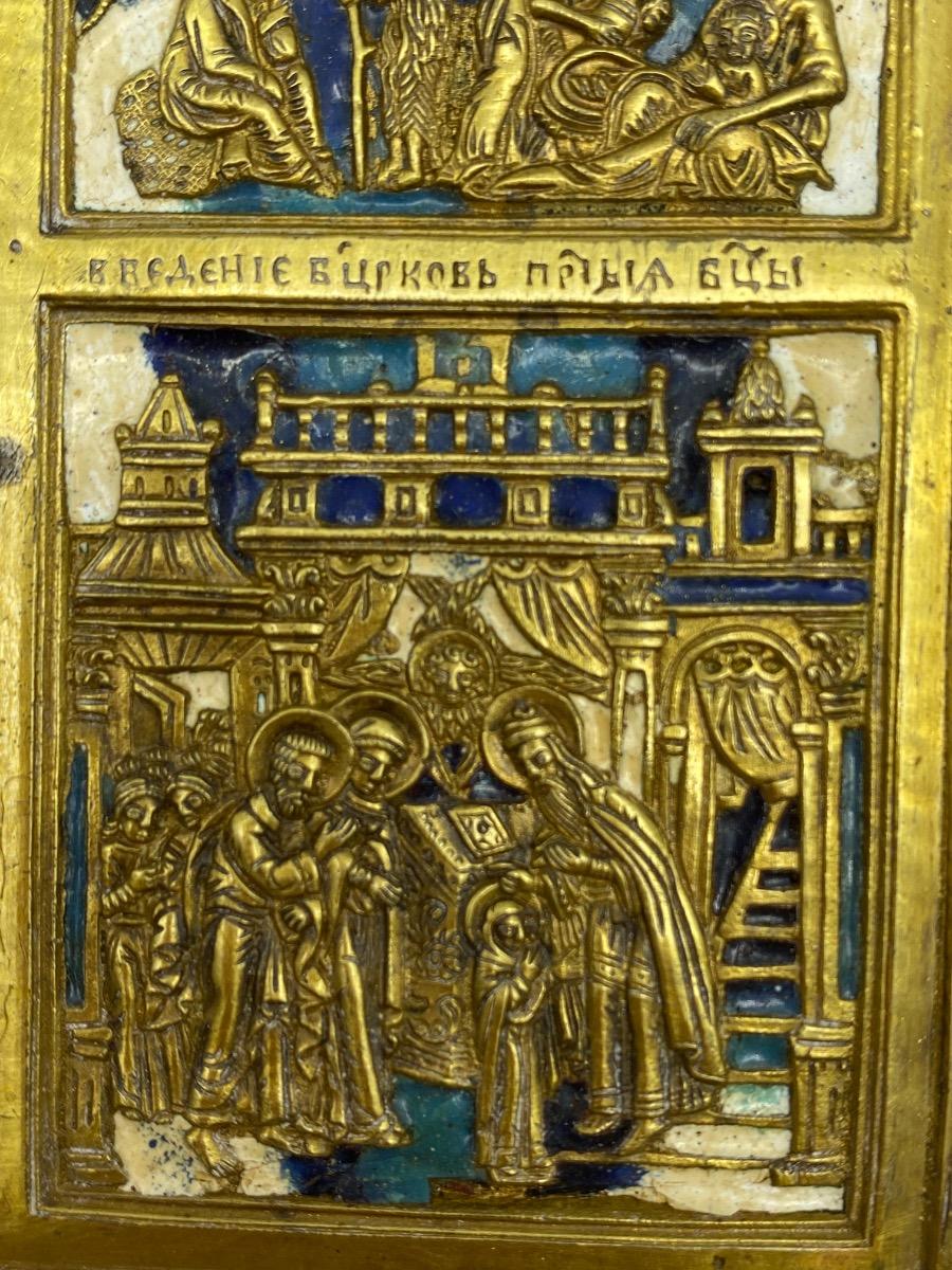 Antique Russian Tetraptych travel icon bronze enameled 