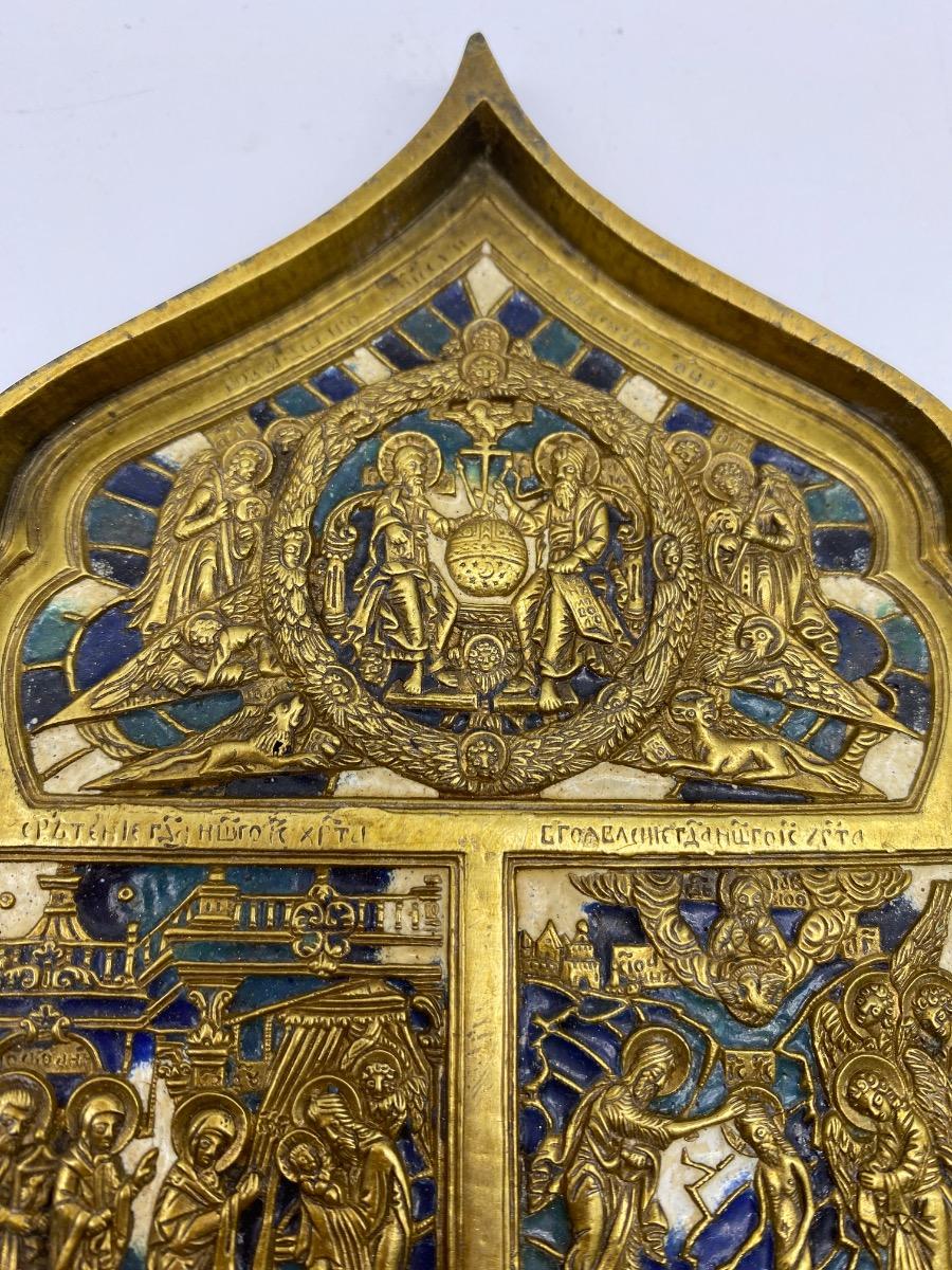Antique Russian Tetraptych travel icon bronze enameled 