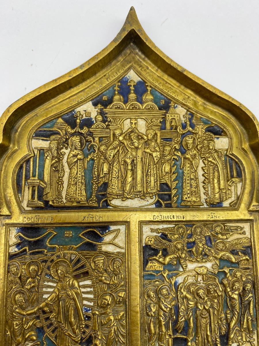 Antique Russian Tetraptych travel icon bronze enameled 