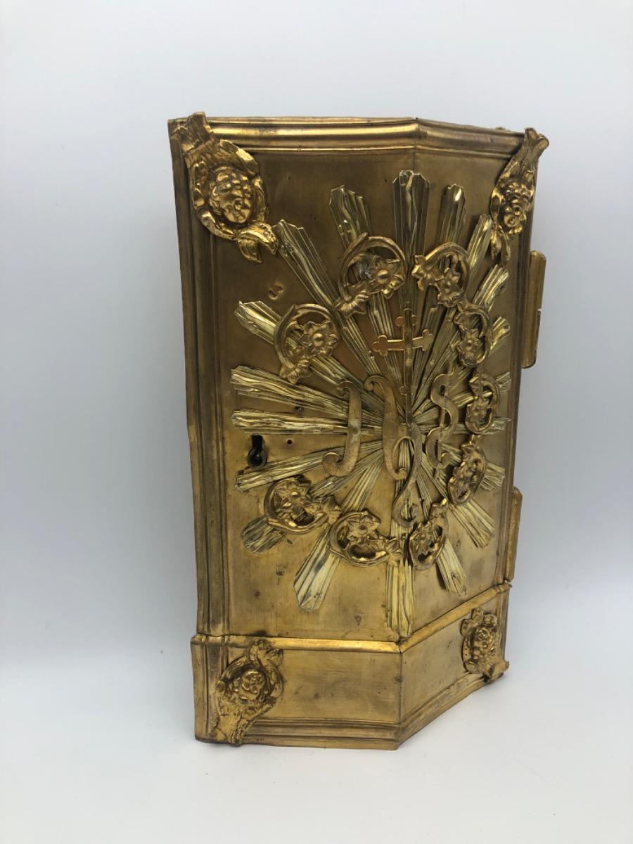 Antique wooden and metal gilded French tabernacle door 