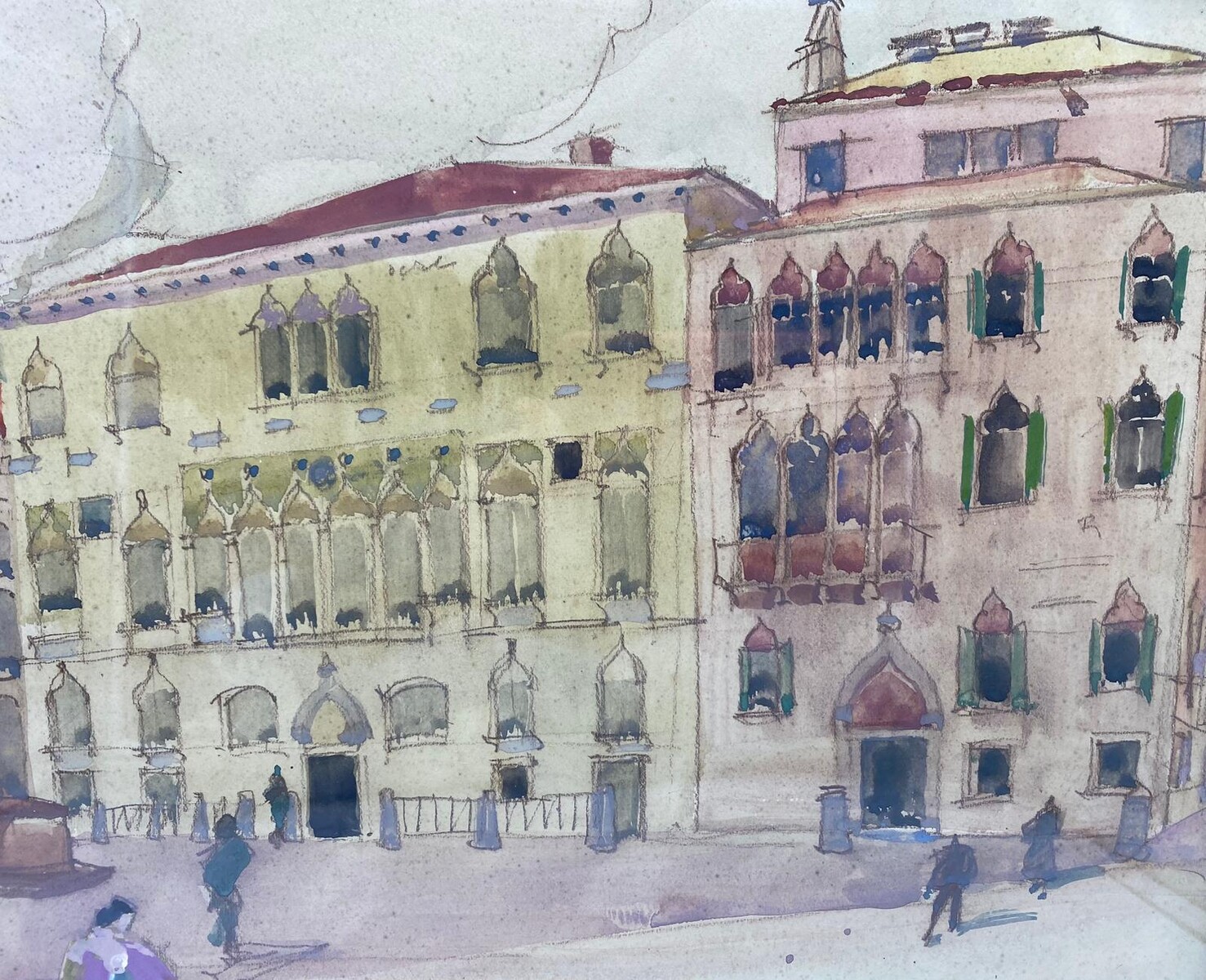 Art Deco Victor Creten gouache watercolor View of Venice 