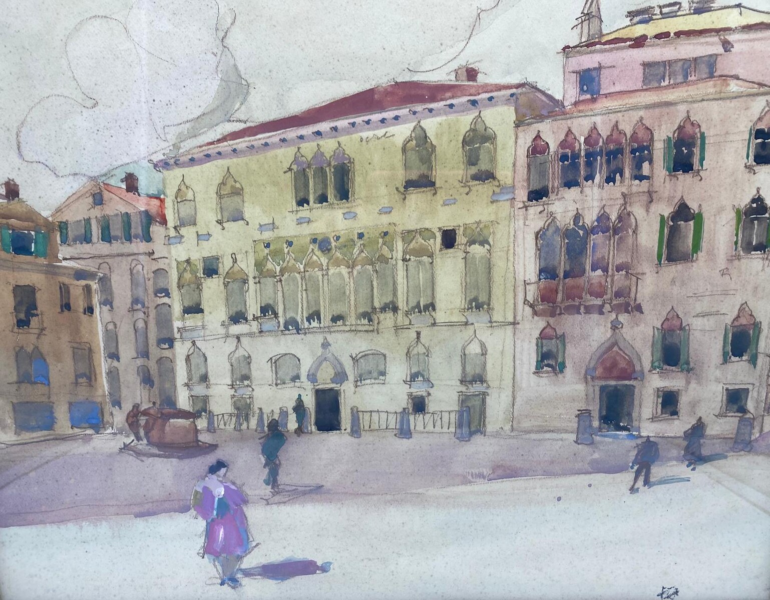 Art Deco Victor Creten gouache watercolor View of Venice 