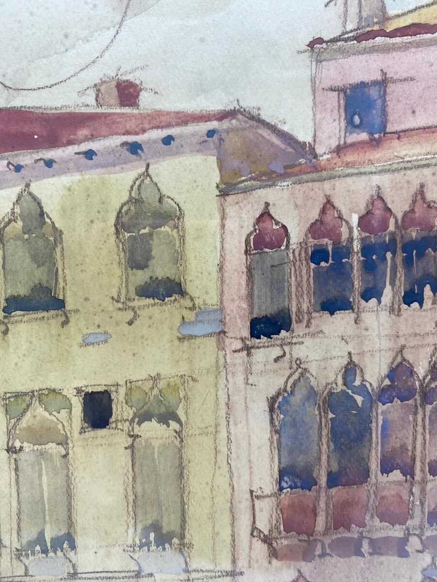 Art Deco Victor Creten gouache watercolor View of Venice 