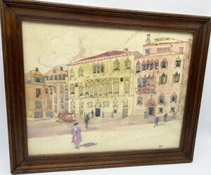 Gouache watercolor Art Deco View of Venice by Victor Creten 