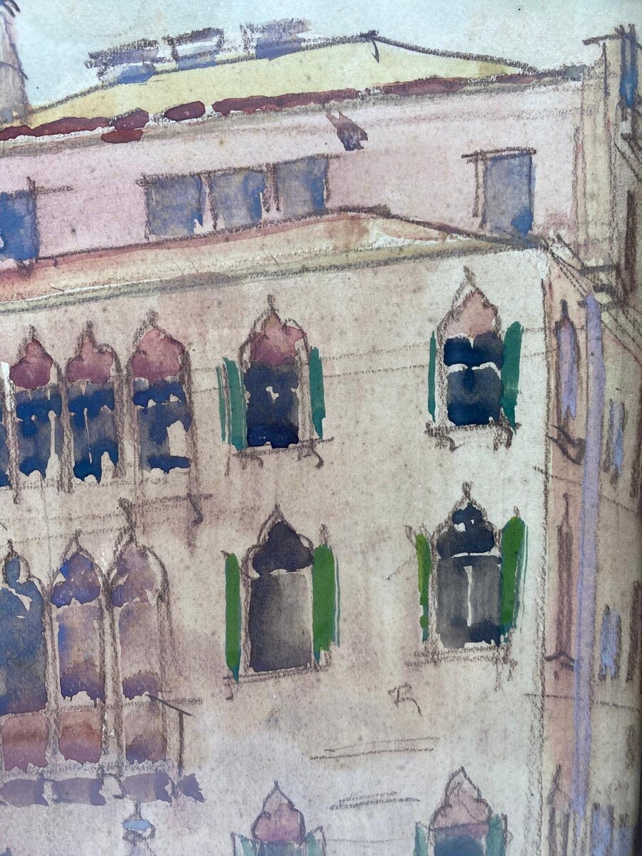 Art Deco Victor Creten gouache watercolor View of Venice 