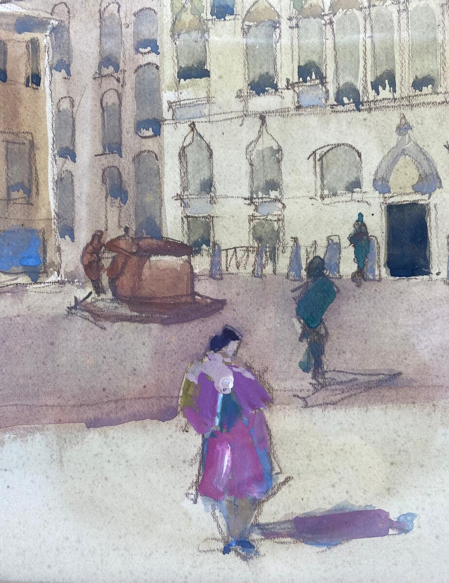 Art Deco Victor Creten gouache watercolor View of Venice 