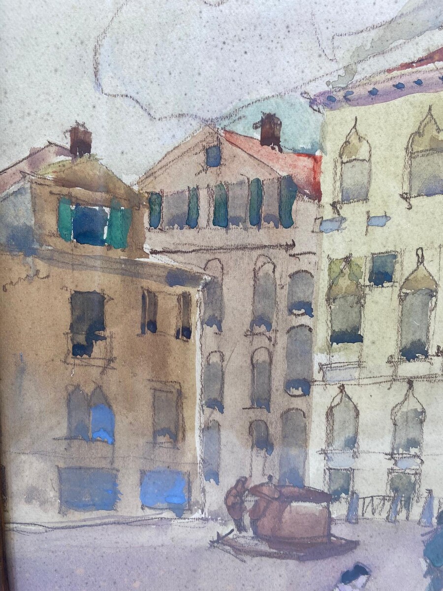 Art Deco Victor Creten gouache watercolor View of Venice 