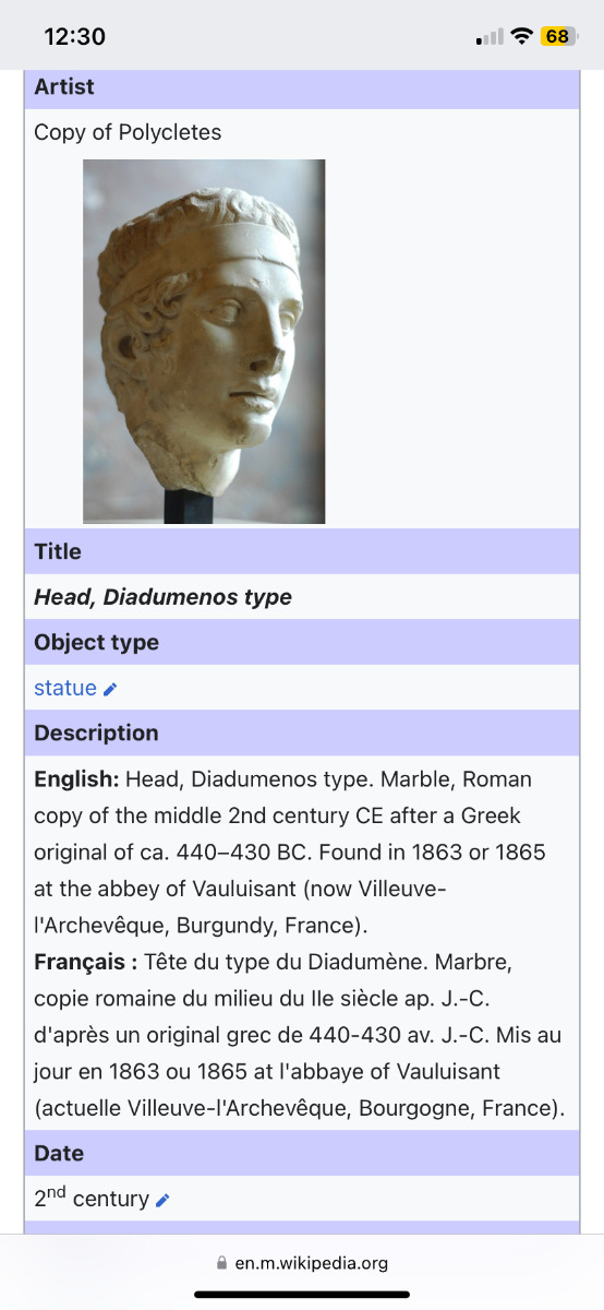 France plaster marble Roman head after Greek original Diadumenos 