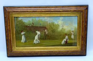 Four Marco Ceri Edwardian tennis oil paintings on copper 