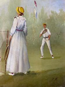 Four Marco Ceri Edwardian tennis oil paintings on copper 