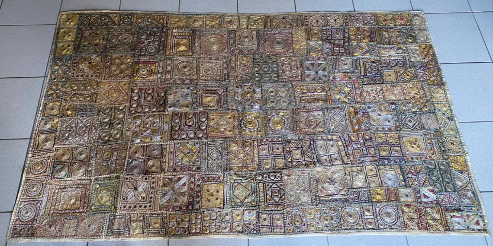 Large Banjara Zardozi embroidery patchwork tapestry with silver- and goldthread India ca 1930
