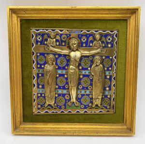 Limoges style Haute Epoque Ojer enameled crucifixion plaque