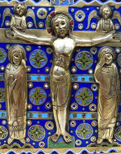 Limoges style Haute Epoque Ojer enameled crucifixion plaque