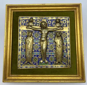 Limoges style Haute Epoque Ojer enameled crucifixion plaque