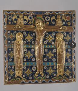 Limoges style Haute Epoque Ojer enameled crucifixion plaque